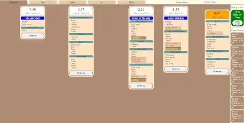 kitchen display screenshot, with five orders open